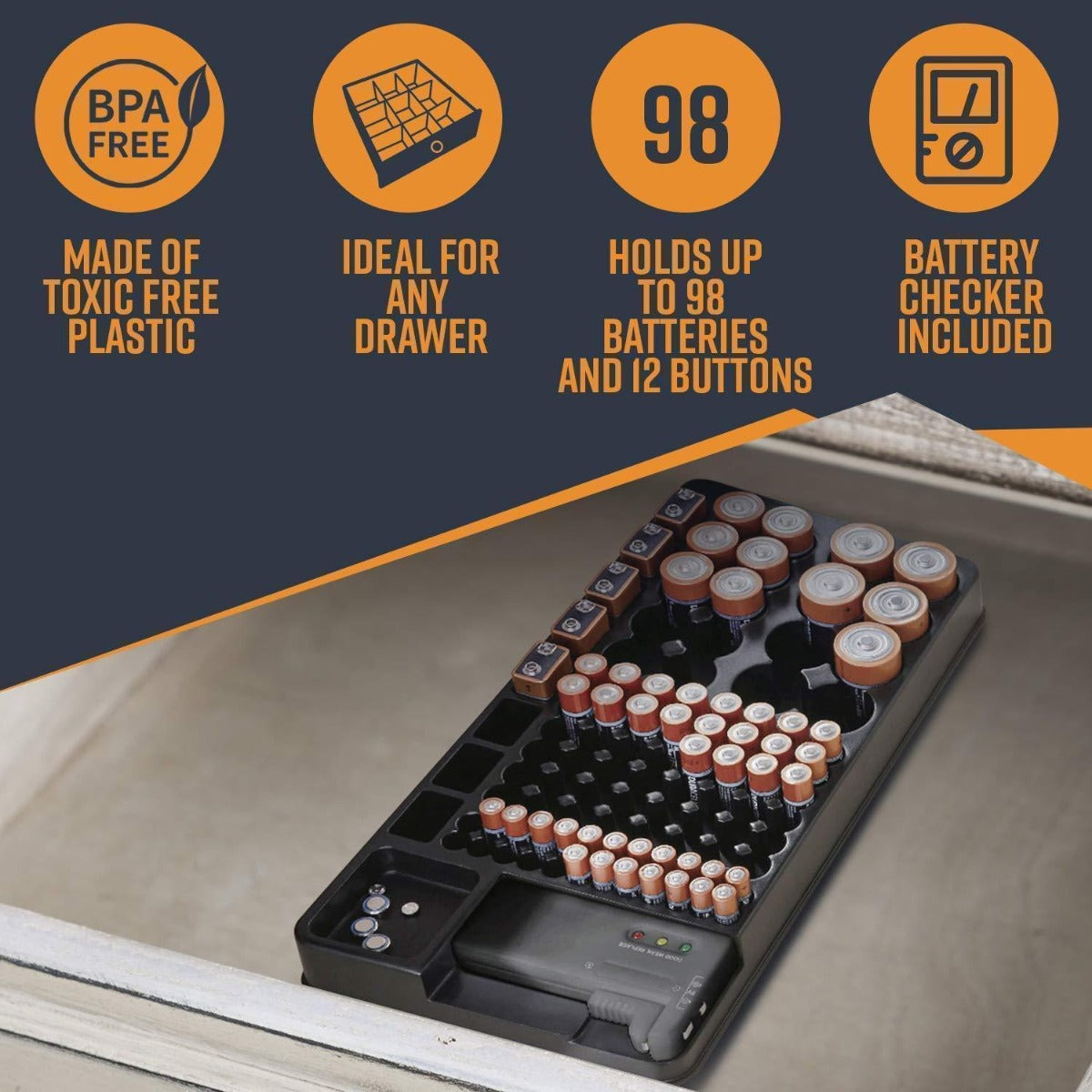 Battery Storage Organizer with Tester – Ultimate Battery Caddy for Drawers & Walls