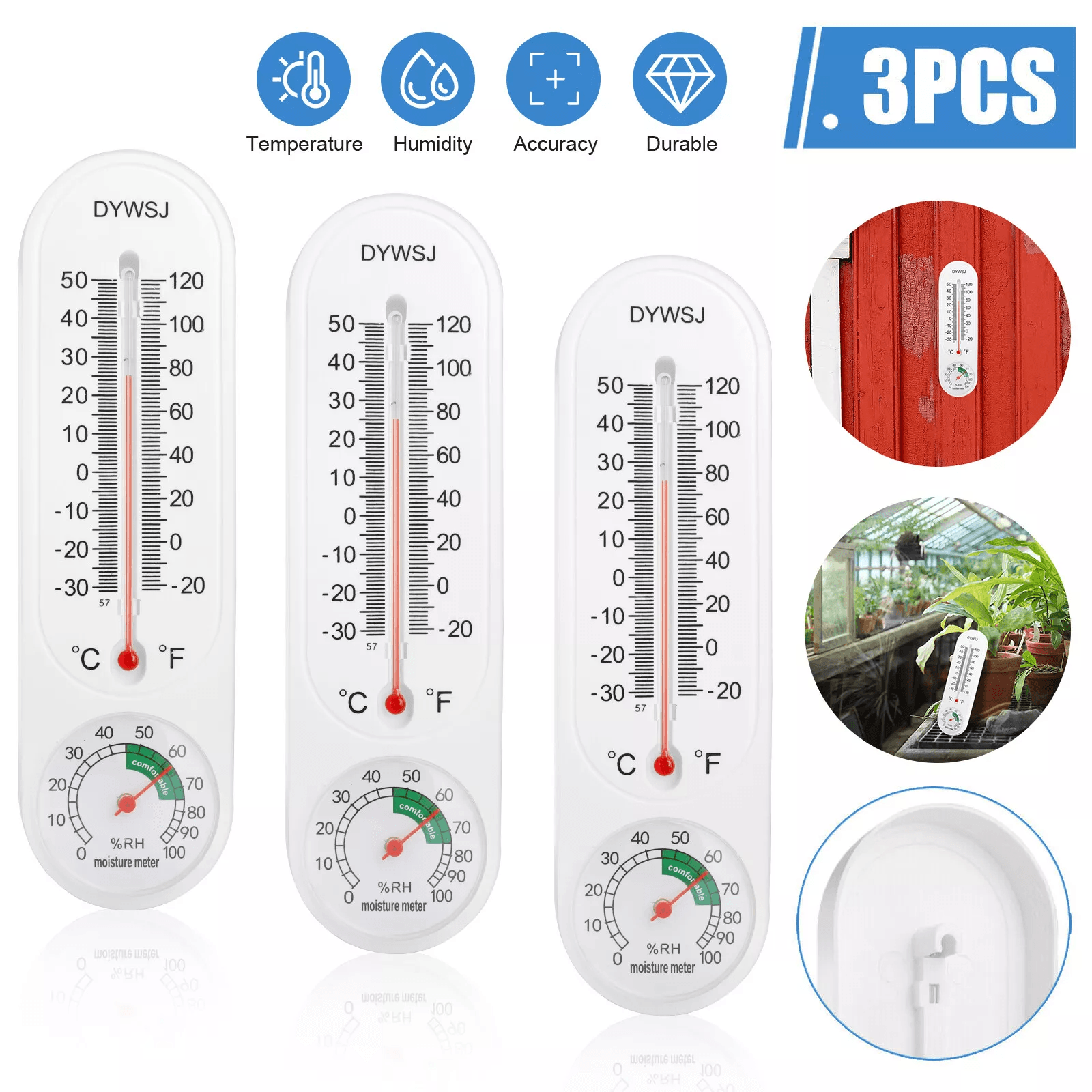 3PCS Wall Thermometer Hygrometer Indoor Outdoor Mount Garden Greenhouse Home Temperature Humidity Meter