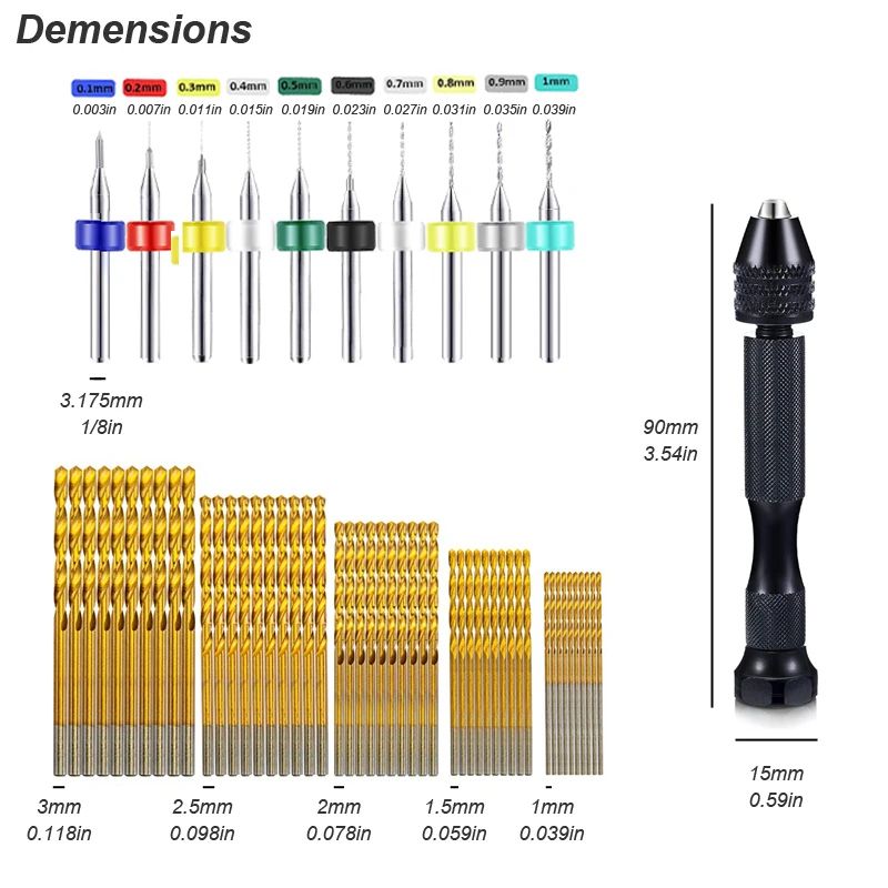 Precision Micro Mini Pin Vise Hand Drill Twist Bit Set, Rotary Tool Kit for PCB, Plastic, DIY Craft, Carving, & Jewelry