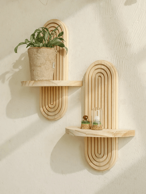Boho Geometric Wooden Wall Shelf – Natural Wood Modern Wall Decor for Plants and Accents
