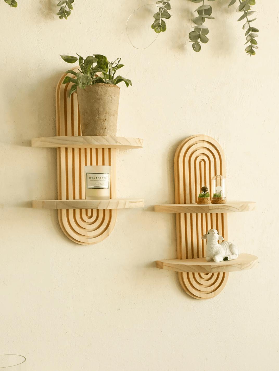 Boho Geometric Wooden Wall Shelf – Natural Wood Modern Wall Decor for Plants and Accents