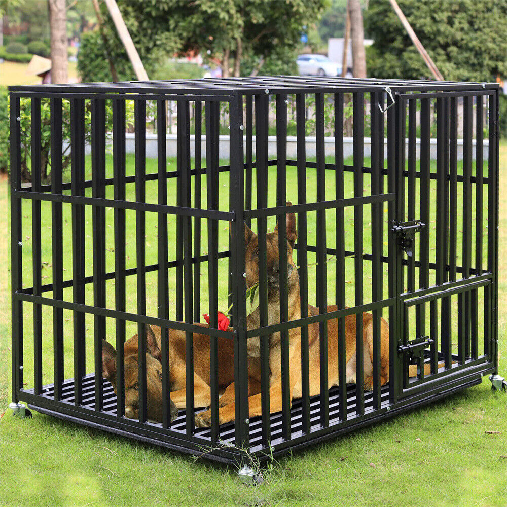 Heavy Duty Dog Crate with 4 Lockable Wheels & Removable Tray, 3 Doors Metal Pet Kennels Cage Playpen for Powerful Dogs
