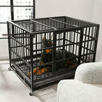 Heavy Duty Dog Crate with 4 Lockable Wheels & Removable Tray, 3 Doors Metal Pet Kennels Cage Playpen for Powerful Dogs