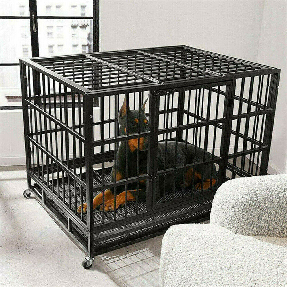 Heavy Duty Dog Crate with 4 Lockable Wheels & Removable Tray, 3 Doors Metal Pet Kennels Cage Playpen for Powerful Dogs