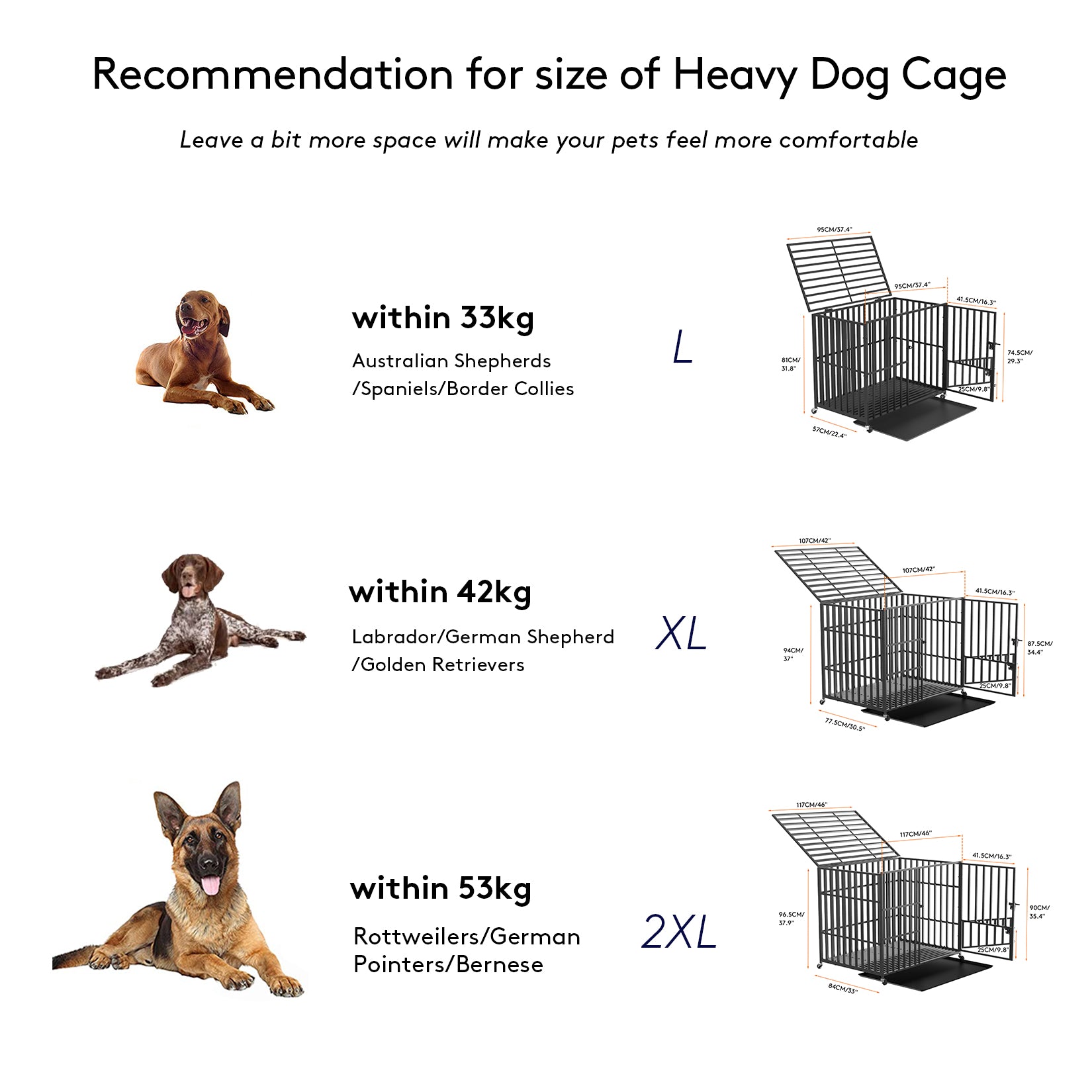 Heavy Duty Dog Crate with 4 Lockable Wheels & Removable Tray, 3 Doors Metal Pet Kennels Cage Playpen for Powerful Dogs