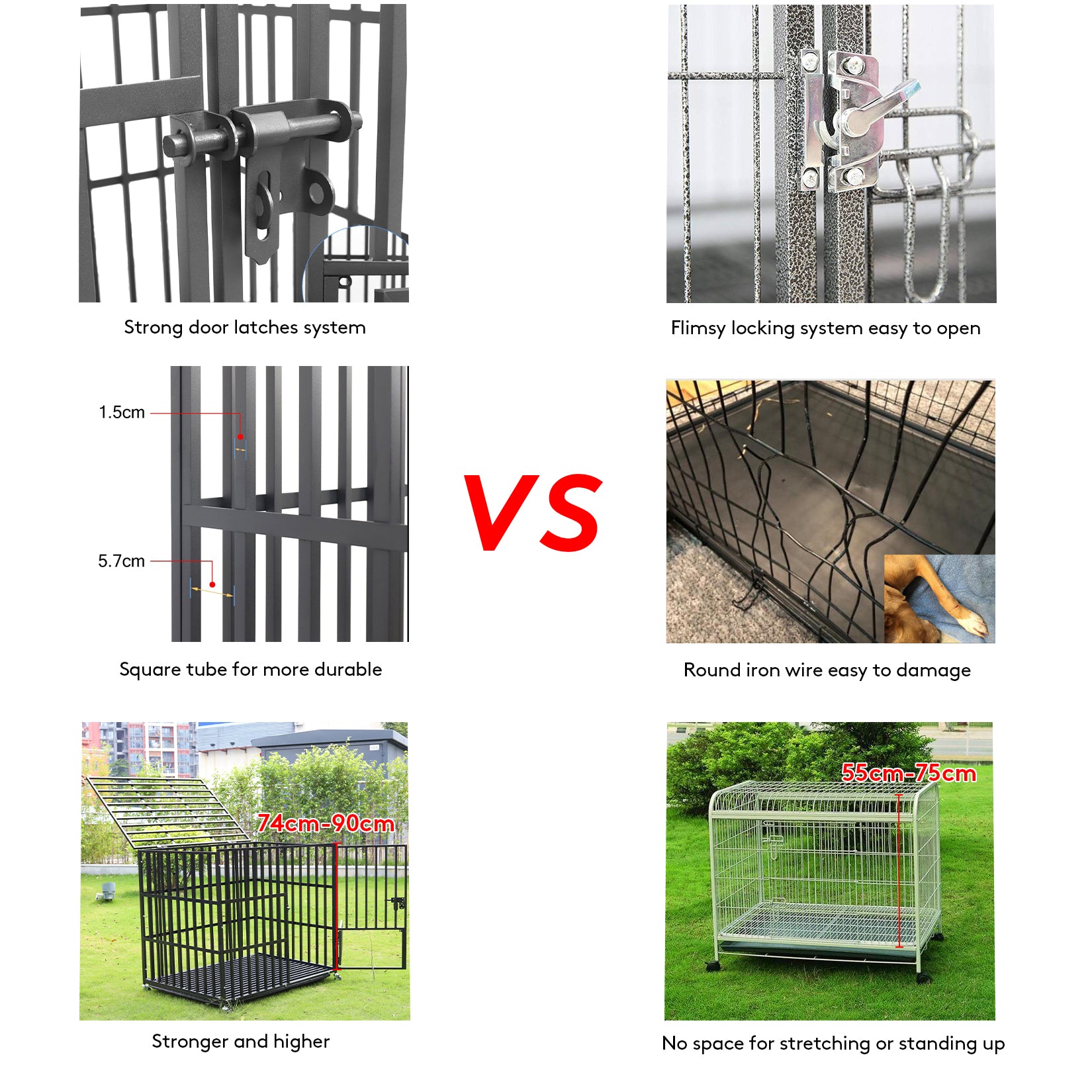 Heavy Duty Dog Crate with 4 Lockable Wheels & Removable Tray, 3 Doors Metal Pet Kennels Cage Playpen for Powerful Dogs