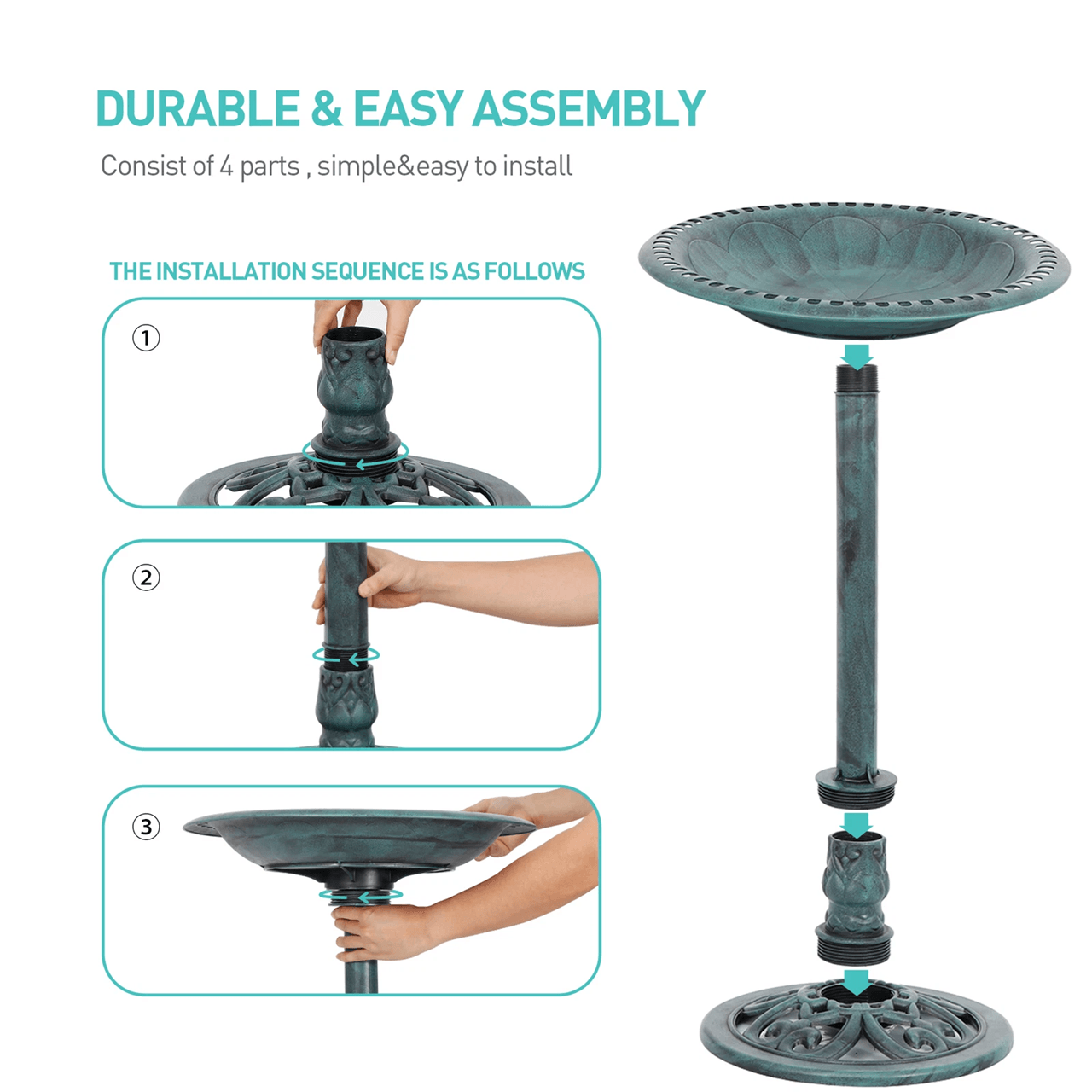 28 Inch Vintage Garden Bird Bath with Decorative Pedestal for Outdoor Yard or Patio