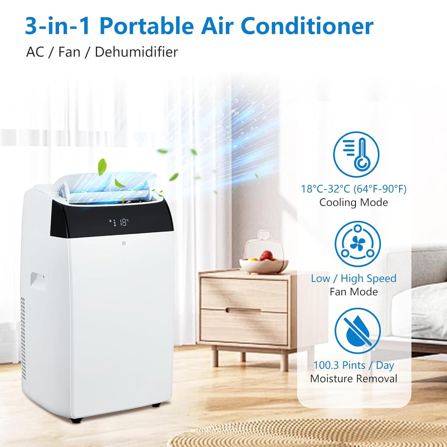 14000 BTU Portable AC with Dehumidifier, Fan and Remote for Large Rooms