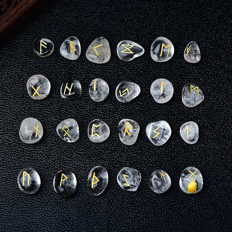 Clear Quartz Crystal Runes Stones, Natural Agate Divination Rune Set for Fortune-telling, Reiki Healing, Meditation