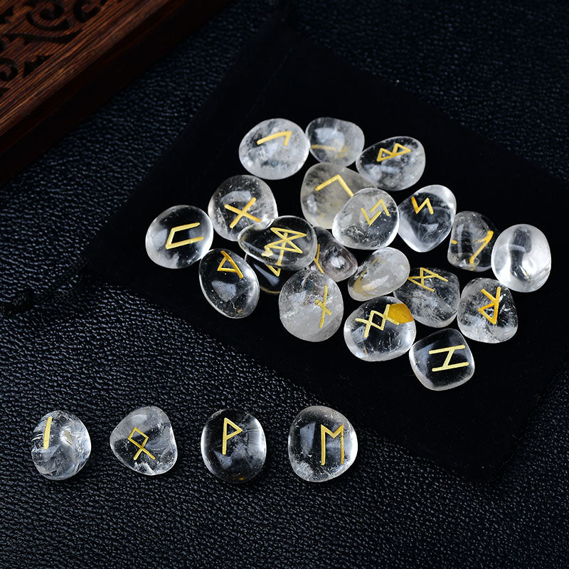 Clear Quartz Crystal Runes Stones, Natural Agate Divination Rune Set for Fortune-telling, Reiki Healing, Meditation