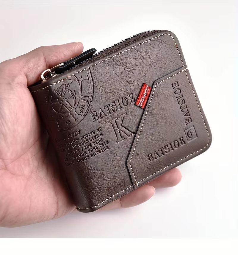 Men's Classic PU Leather Wallet – Zipper Short Wallet with Coin Pocket & Card Holder
