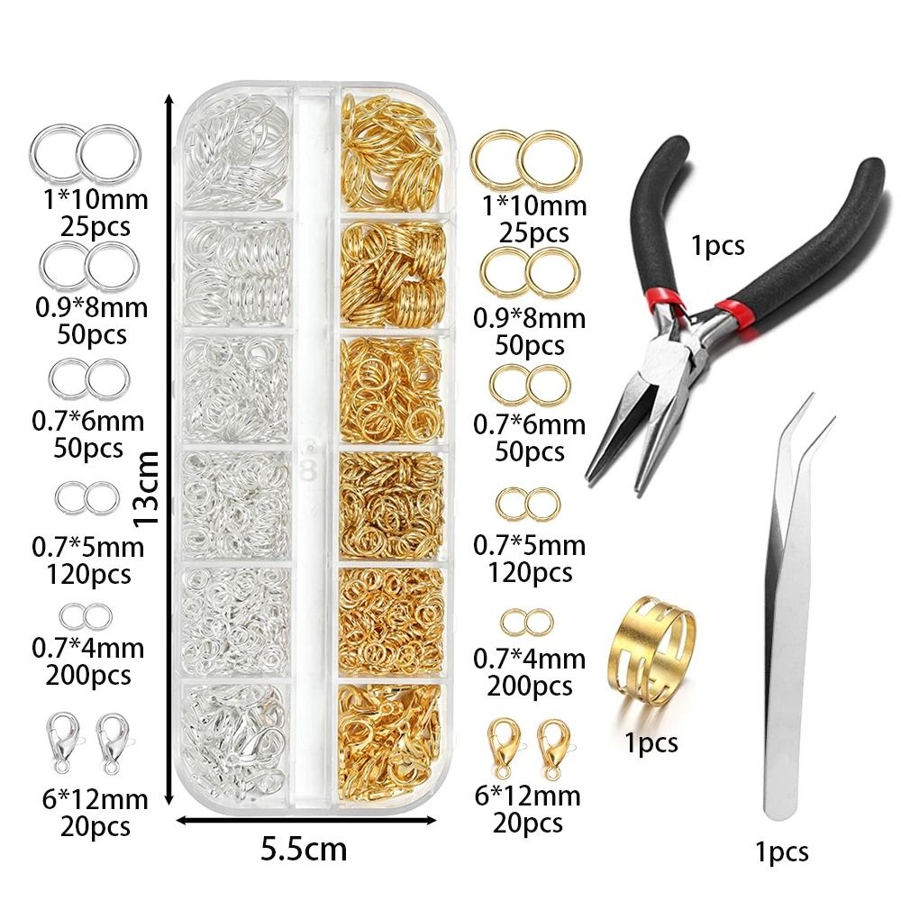 Jewelry Findings Kit 930pcs with Jump Rings Clasps Hooks Pliers Tweezers