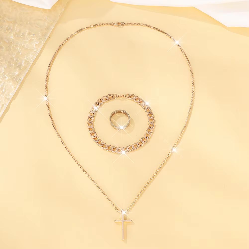 Men's Cross Jewelry Set Necklace Bracelet And Ring Fashion Alloy Christian Gift