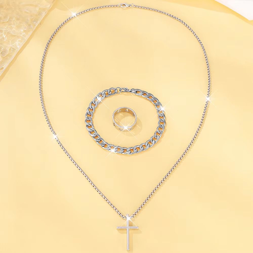 Men's Cross Jewelry Set Necklace Bracelet And Ring Fashion Alloy Christian Gift