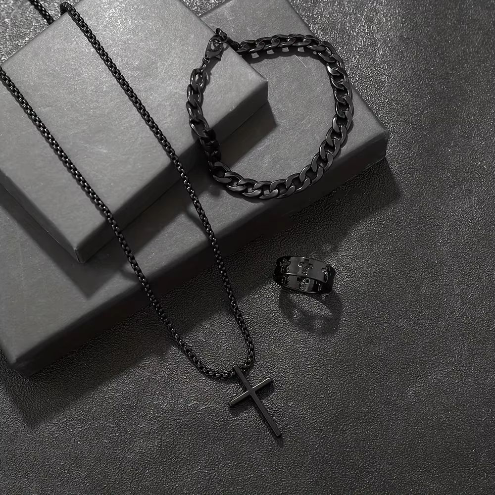 Men's Cross Jewelry Set Necklace Bracelet And Ring Fashion Alloy Christian Gift