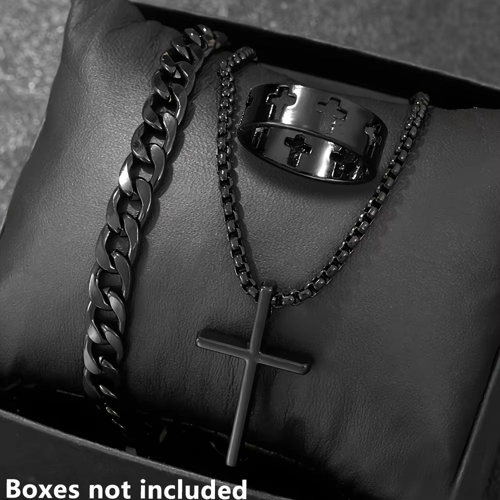 Men's Cross Jewelry Set Necklace Bracelet And Ring Fashion Alloy Christian Gift