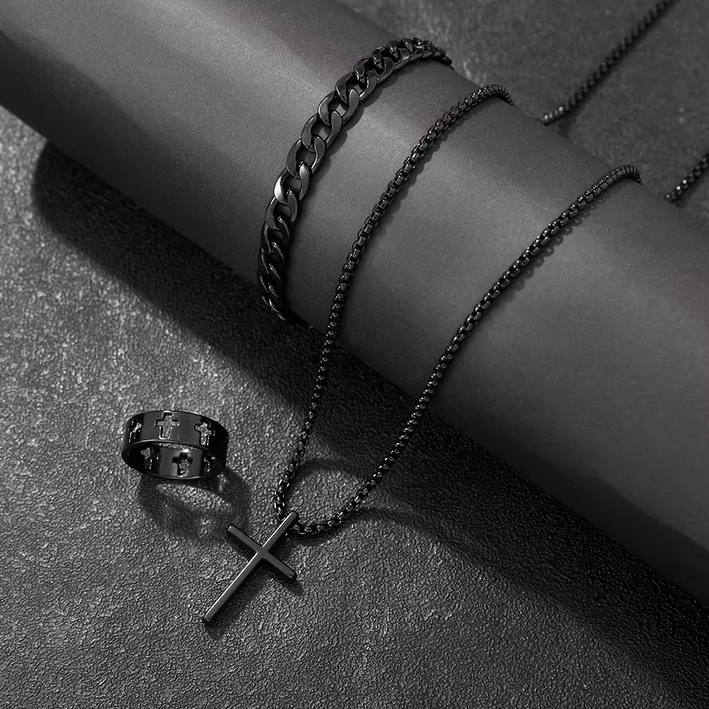 Men's Cross Jewelry Set Necklace Bracelet And Ring Fashion Alloy Christian Gift