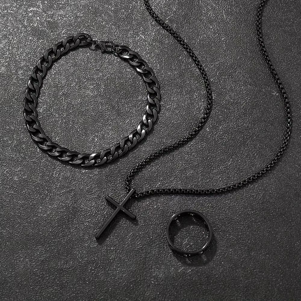 Men's Cross Jewelry Set Necklace Bracelet And Ring Fashion Alloy Christian Gift