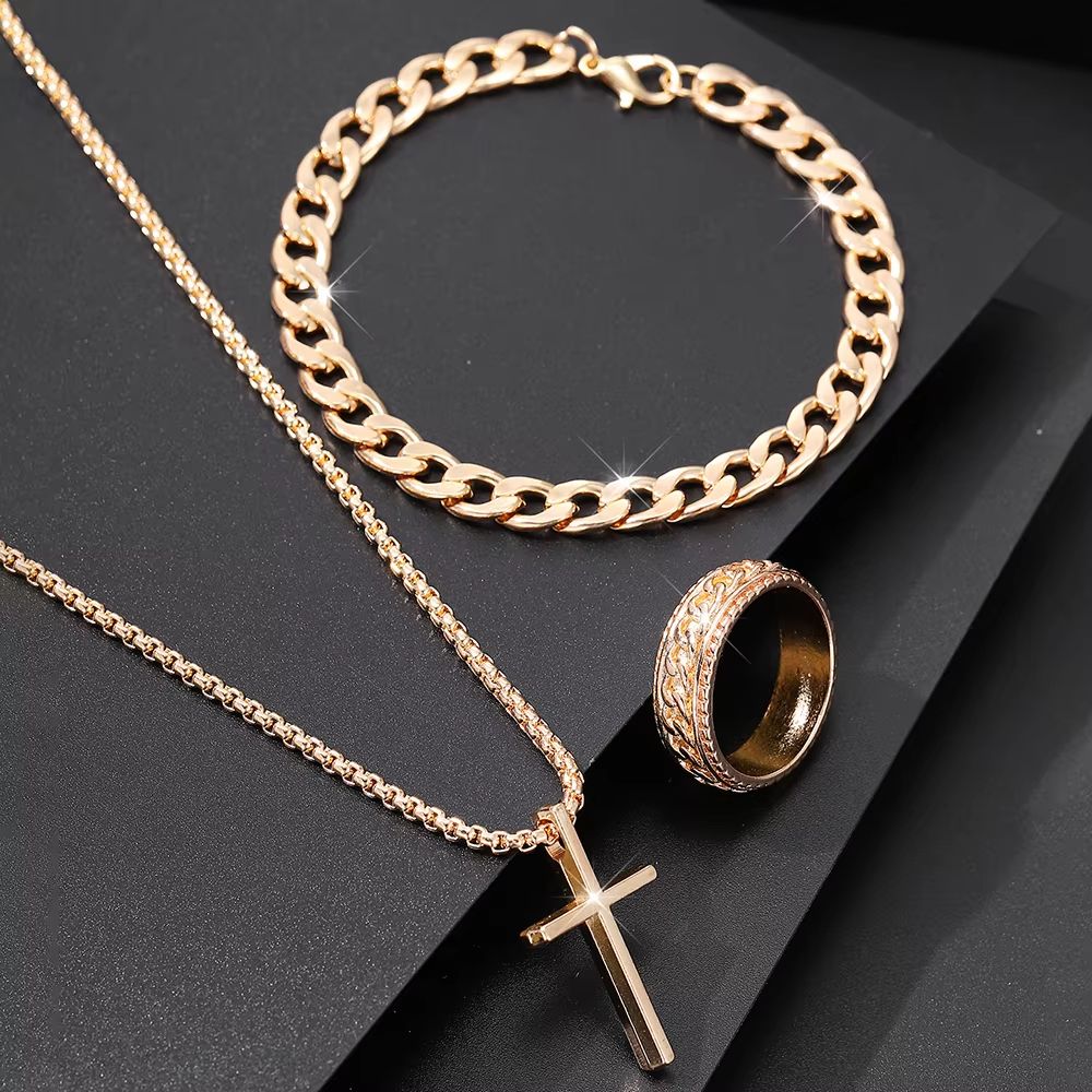 Men's Cross Jewelry Set Necklace Bracelet And Ring Fashion Alloy Christian Gift