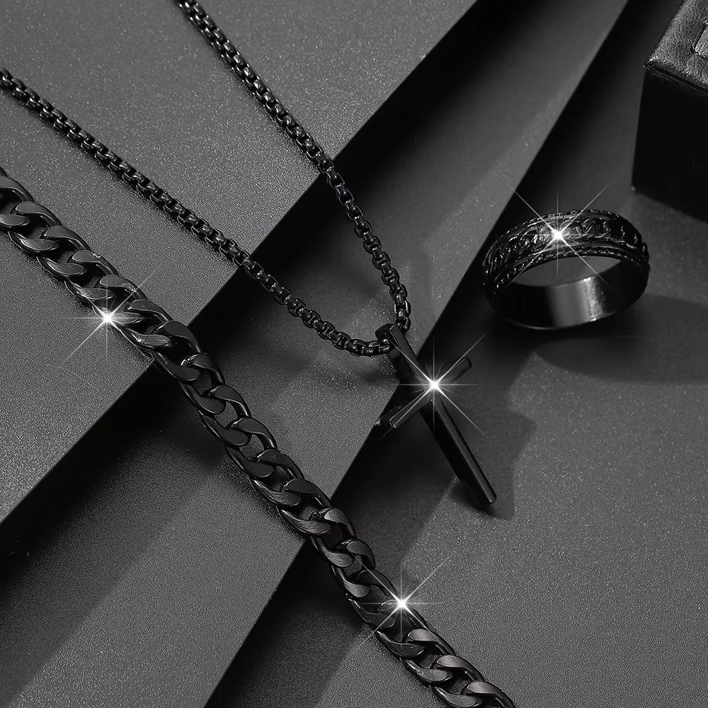 Men's Cross Jewelry Set Necklace Bracelet And Ring Fashion Alloy Christian Gift