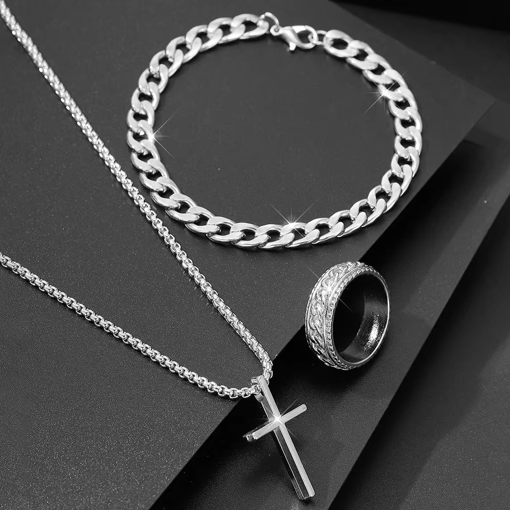 Men's Cross Jewelry Set Necklace Bracelet And Ring Fashion Alloy Christian Gift