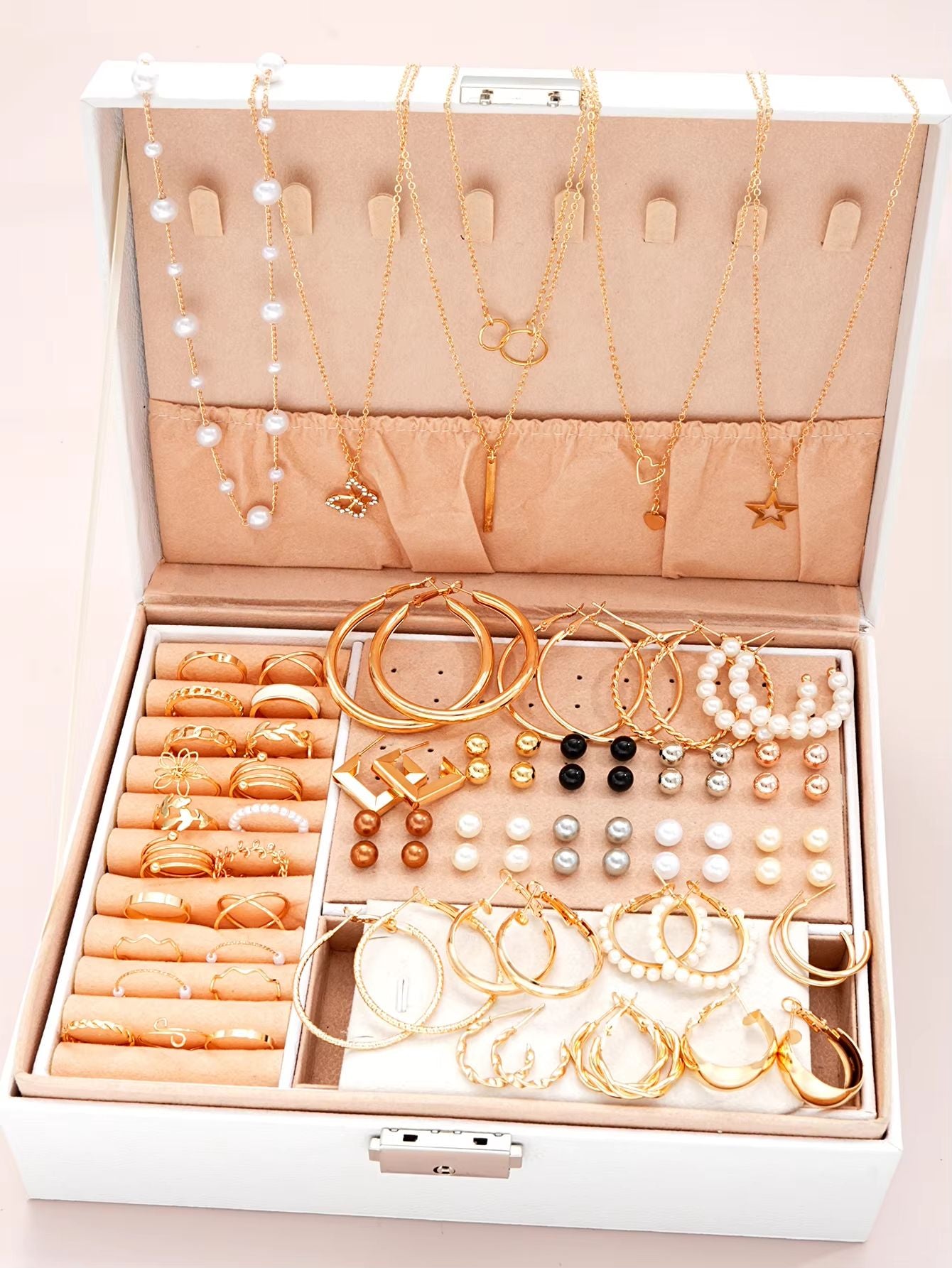Elegant Pearl Jewelry Set With Multi Layered Necklace Pearl Earrings Ear Studs And Rings 4 In 1 Set For Women Daily Wear