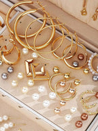 Elegant Pearl Jewelry Set With Multi Layered Necklace Pearl Earrings Ear Studs And Rings 4 In 1 Set For Women Daily Wear
