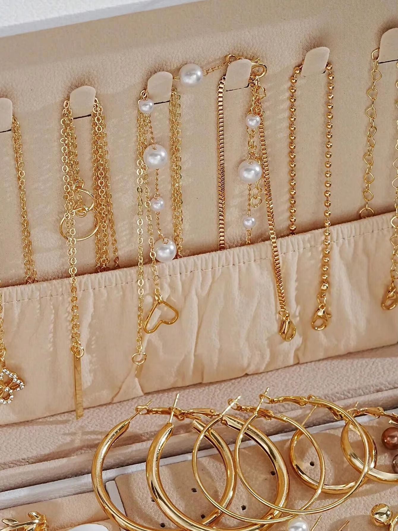 Elegant Pearl Jewelry Set With Multi Layered Necklace Pearl Earrings Ear Studs And Rings 4 In 1 Set For Women Daily Wear