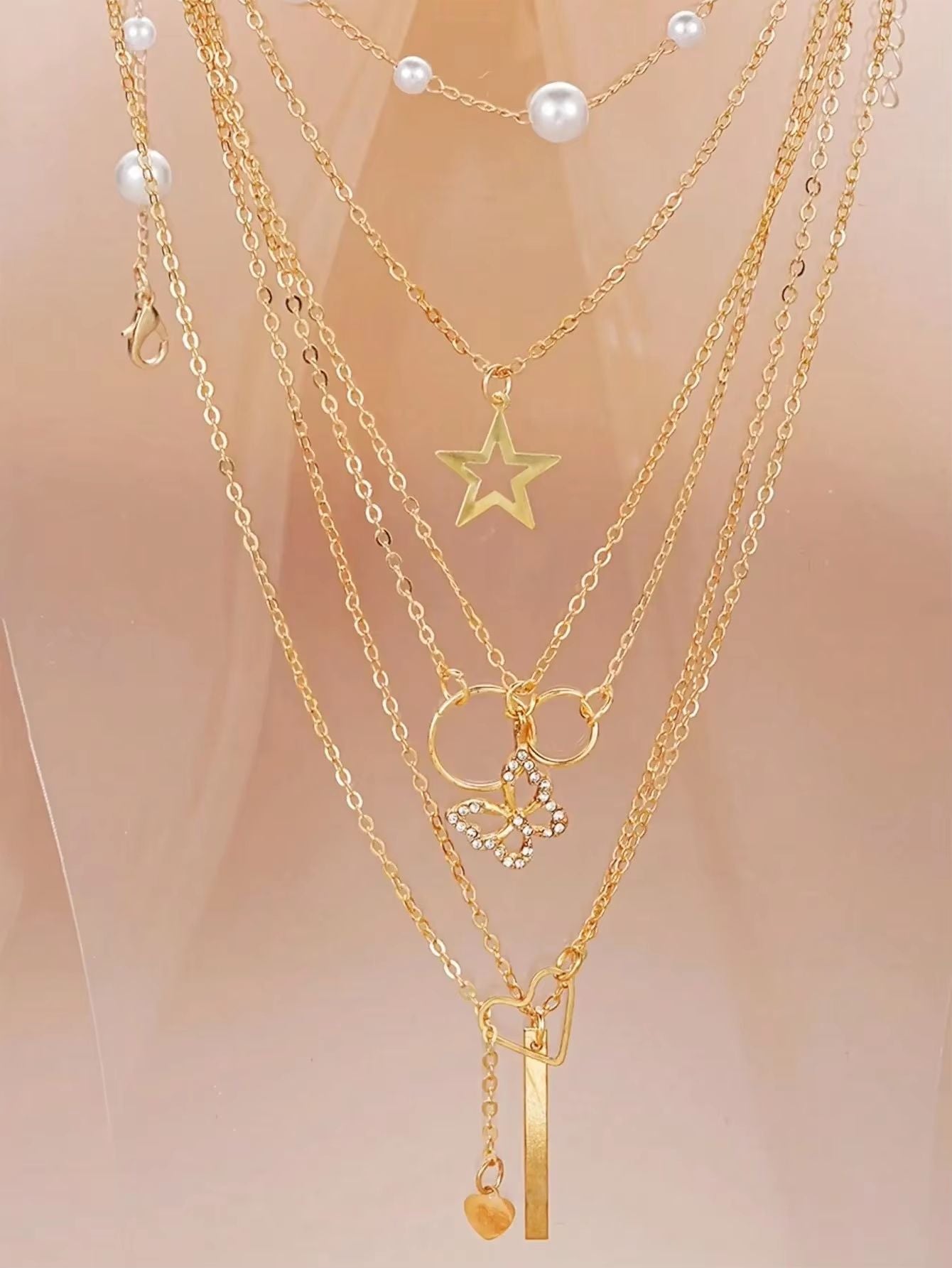 Elegant Pearl Jewelry Set With Multi Layered Necklace Pearl Earrings Ear Studs And Rings 4 In 1 Set For Women Daily Wear