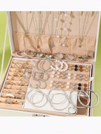 Elegant Pearl Jewelry Set With Multi Layered Necklace Pearl Earrings Ear Studs And Rings 4 In 1 Set For Women Daily Wear