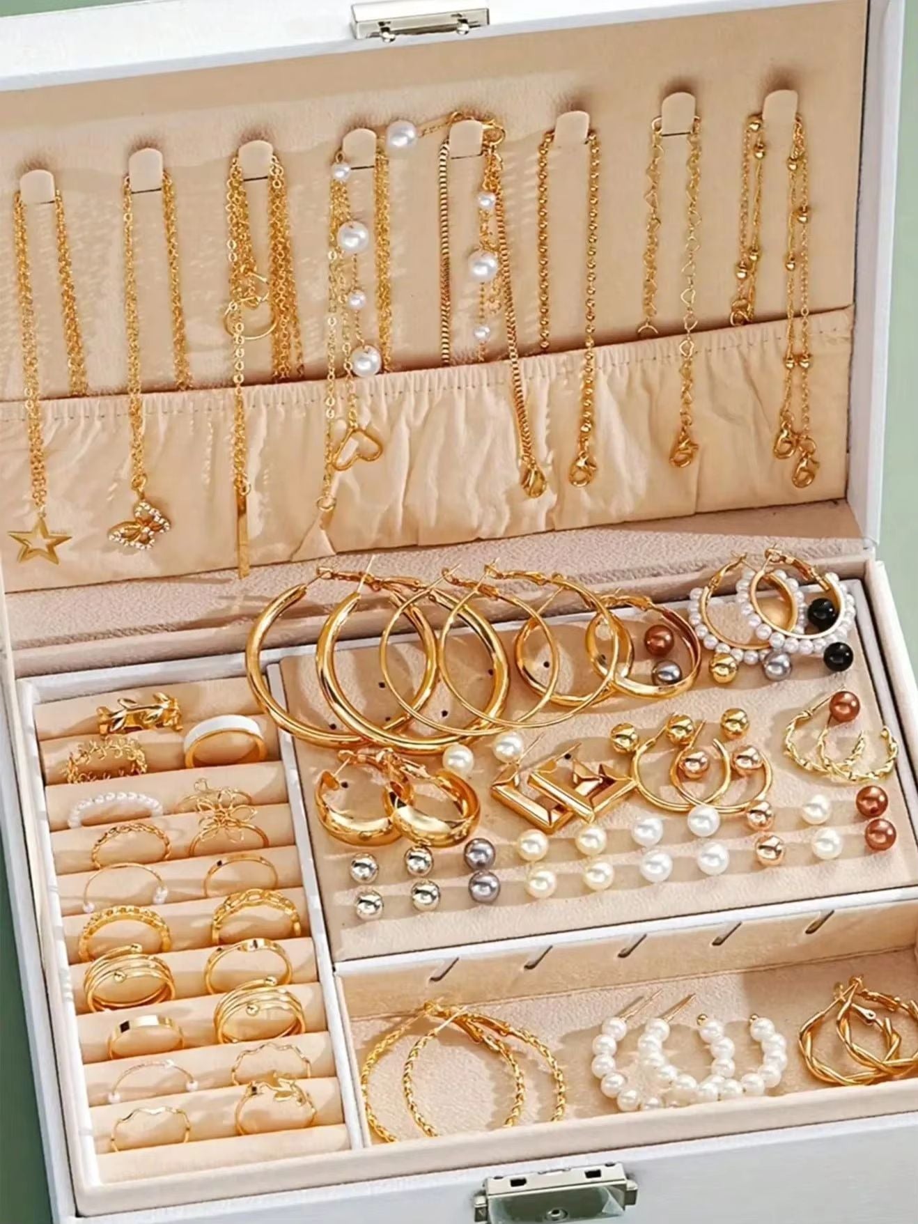 Elegant Pearl Jewelry Set With Multi Layered Necklace Pearl Earrings Ear Studs And Rings 4 In 1 Set For Women Daily Wear