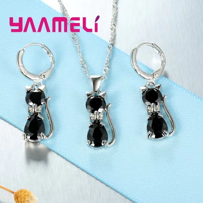 Real 925 Sterling Silver Cat Jewelry Set – Austrian Crystal Cat Pendant Necklace & Huggie Earrings for Women and Girls