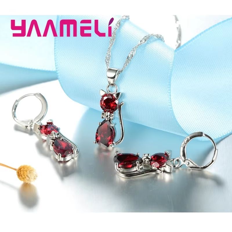 Real 925 Sterling Silver Cat Jewelry Set – Austrian Crystal Cat Pendant Necklace & Huggie Earrings for Women and Girls