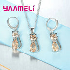 Real 925 Sterling Silver Cat Jewelry Set – Austrian Crystal Cat Pendant Necklace & Huggie Earrings for Women and Girls