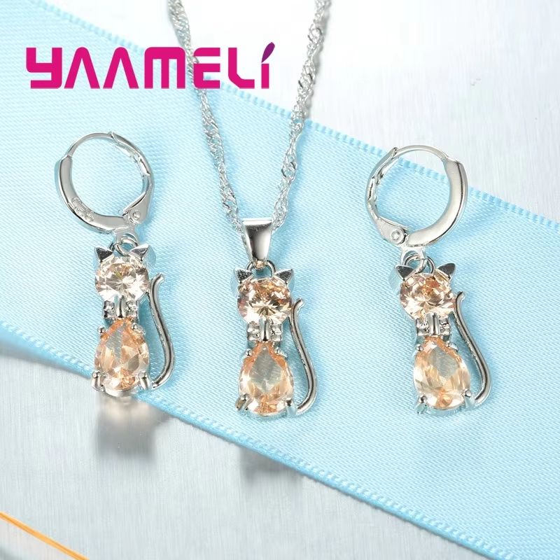 Real 925 Sterling Silver Cat Jewelry Set – Austrian Crystal Cat Pendant Necklace & Huggie Earrings for Women and Girls