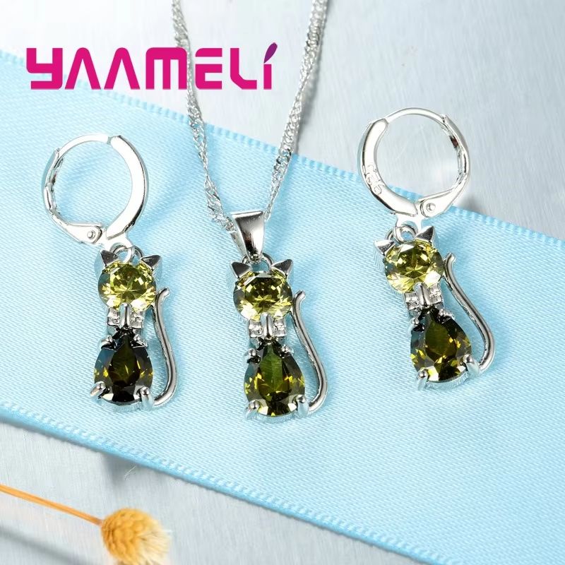 Real 925 Sterling Silver Cat Jewelry Set – Austrian Crystal Cat Pendant Necklace & Huggie Earrings for Women and Girls