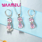 Real 925 Sterling Silver Cat Jewelry Set – Austrian Crystal Cat Pendant Necklace & Huggie Earrings for Women and Girls