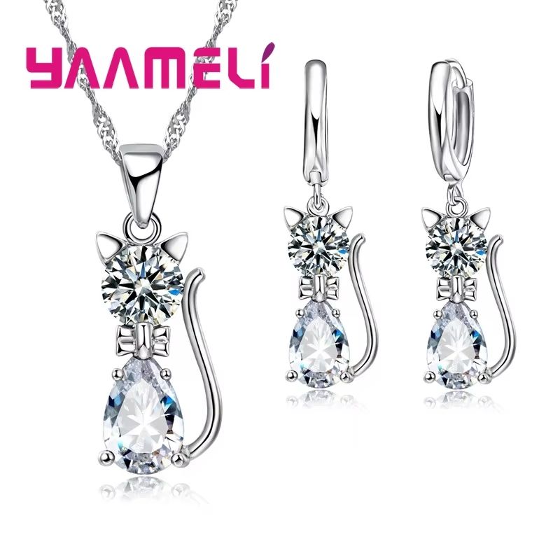 Real 925 Sterling Silver Cat Jewelry Set – Austrian Crystal Cat Pendant Necklace & Huggie Earrings for Women and Girls