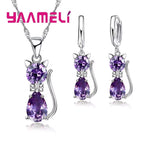 Real 925 Sterling Silver Cat Jewelry Set – Austrian Crystal Cat Pendant Necklace & Huggie Earrings for Women and Girls