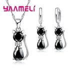 Real 925 Sterling Silver Cat Jewelry Set – Austrian Crystal Cat Pendant Necklace & Huggie Earrings for Women and Girls