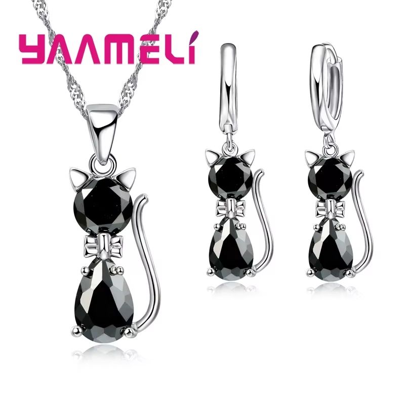 Real 925 Sterling Silver Cat Jewelry Set – Austrian Crystal Cat Pendant Necklace & Huggie Earrings for Women and Girls