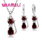 Real 925 Sterling Silver Cat Jewelry Set – Austrian Crystal Cat Pendant Necklace & Huggie Earrings for Women and Girls