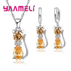 Real 925 Sterling Silver Cat Jewelry Set – Austrian Crystal Cat Pendant Necklace & Huggie Earrings for Women and Girls