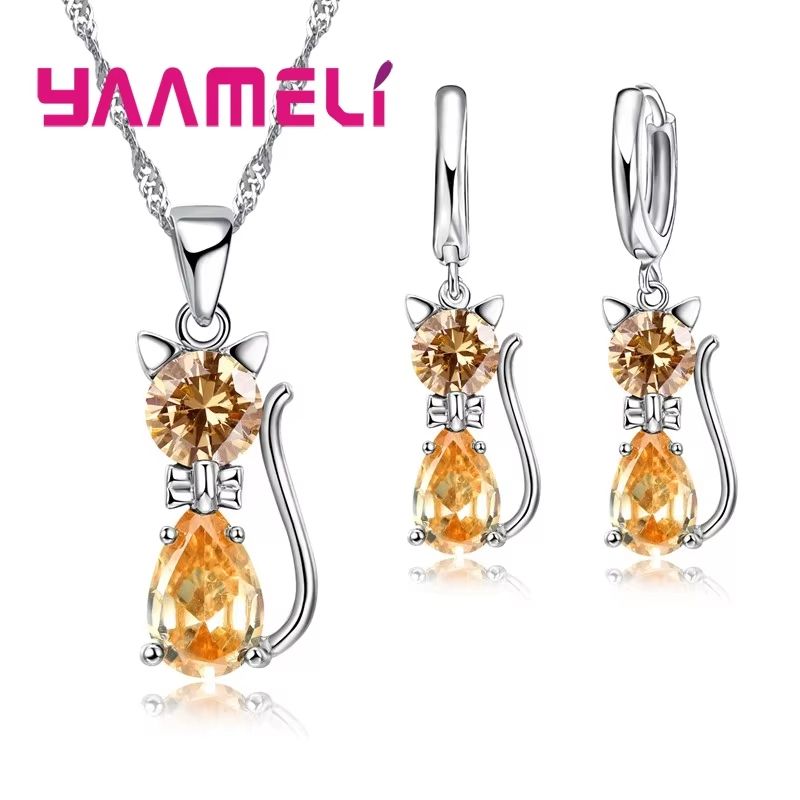 Real 925 Sterling Silver Cat Jewelry Set – Austrian Crystal Cat Pendant Necklace & Huggie Earrings for Women and Girls