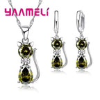 Real 925 Sterling Silver Cat Jewelry Set – Austrian Crystal Cat Pendant Necklace & Huggie Earrings for Women and Girls
