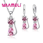 Real 925 Sterling Silver Cat Jewelry Set – Austrian Crystal Cat Pendant Necklace & Huggie Earrings for Women and Girls
