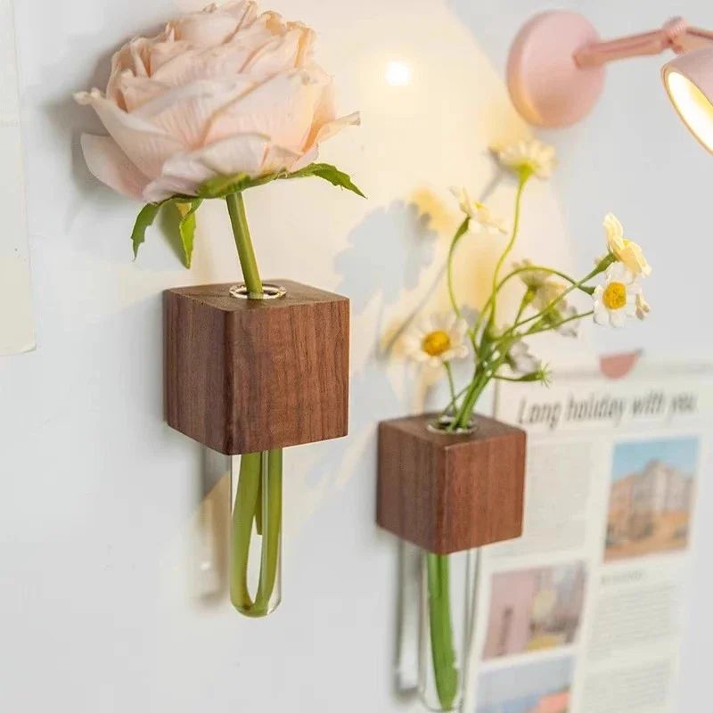 Solid Wood Magnetic Vase for Refrigerator Decor