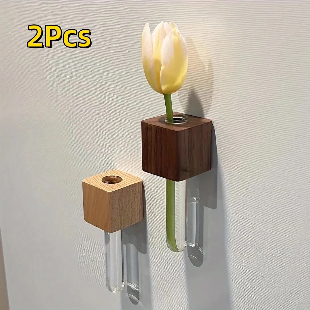 Solid Wood Magnetic Vase for Refrigerator Decor