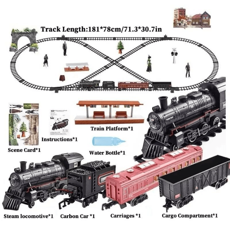 Electric Railway Train Set with Classical Steam Locomotive, Battery Operated, Smoke, Light & Sound