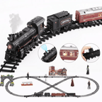 Electric Railway Train Set with Classical Steam Locomotive, Battery Operated, Smoke, Light & Sound